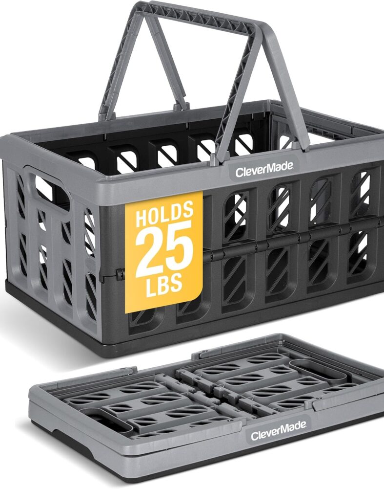 CleverMade Collapsible Shopping Basket, 24L Storage Crate, 1 Pack, Stone | Keep Groceries Upright in the Car | Rigid Walls Carry 25 lb Each, Stack Securely, and Fold to 2.25 Inches for Storage
