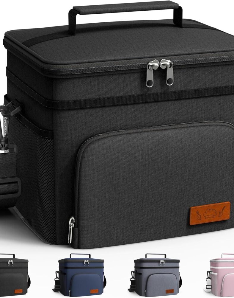 HOTOR Insulated Lunch Box Men Women Leak-Proof Cooler Lunch Bag 9L | 4 Pockets, Adjustable Strap, Ideal for Work, Picnic, Travel, Camping, Gift, Black