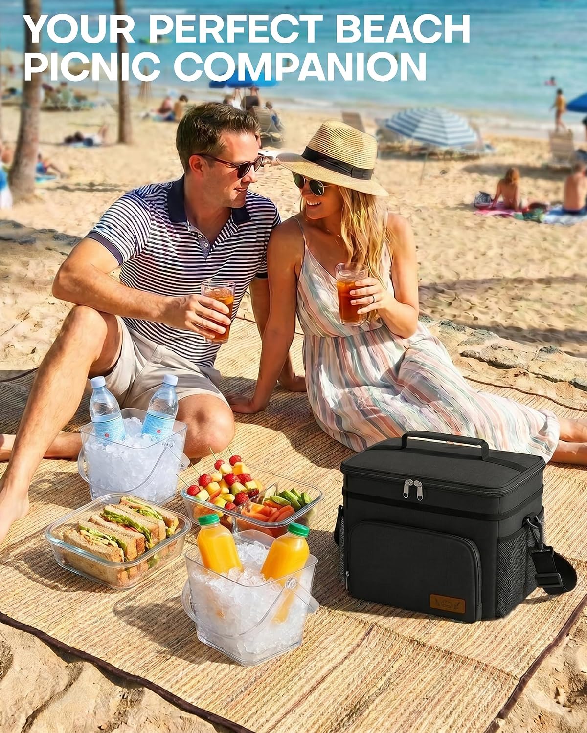 HOTOR Insulated Lunch Box Men Women Leak-Proof Cooler Lunch Bag 9L | 4 Pockets, Adjustable Strap, Ideal for Work, Picnic, Travel, Camping, Gift, Black - Image 2