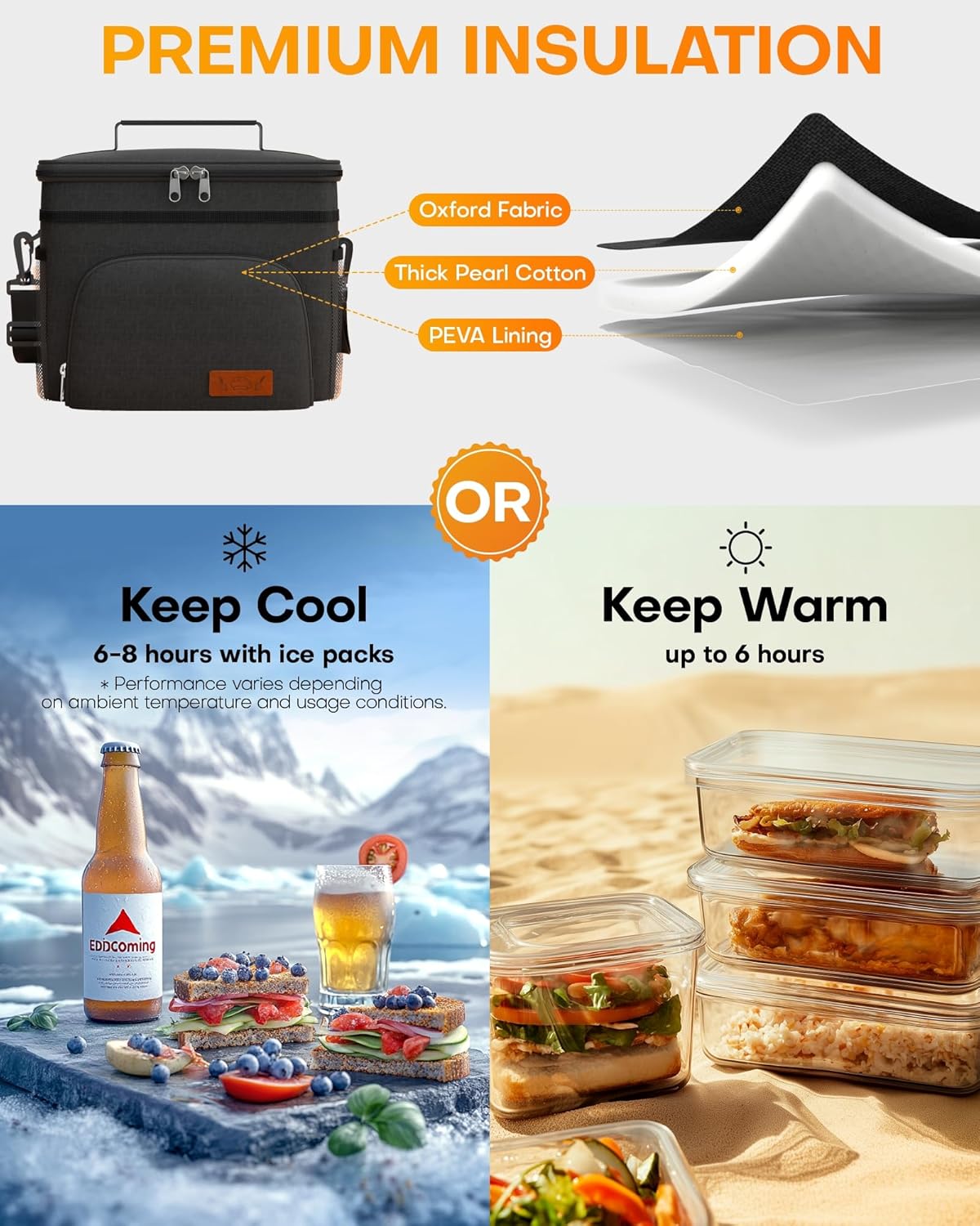 HOTOR Insulated Lunch Box Men Women Leak-Proof Cooler Lunch Bag 9L | 4 Pockets, Adjustable Strap, Ideal for Work, Picnic, Travel, Camping, Gift, Black - Image 3