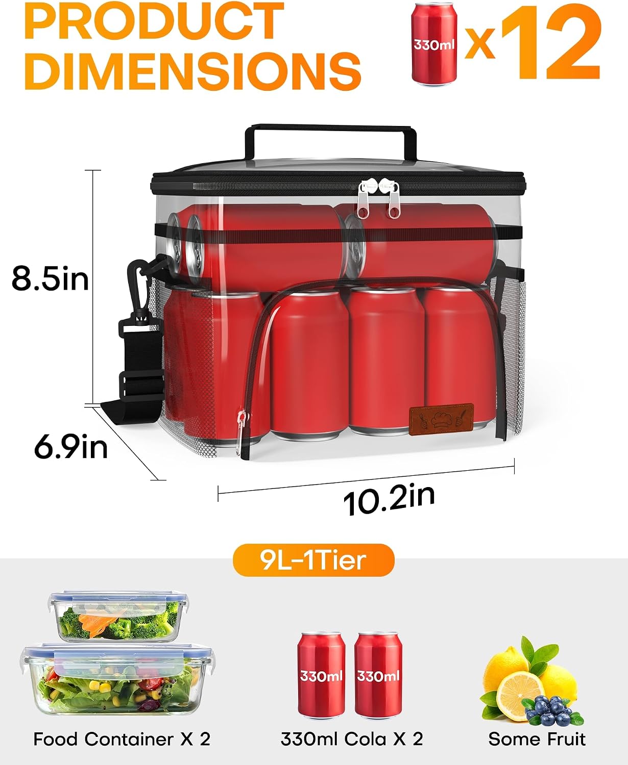 HOTOR Insulated Lunch Box Men Women Leak-Proof Cooler Lunch Bag 9L | 4 Pockets, Adjustable Strap, Ideal for Work, Picnic, Travel, Camping, Gift, Black - Image 4