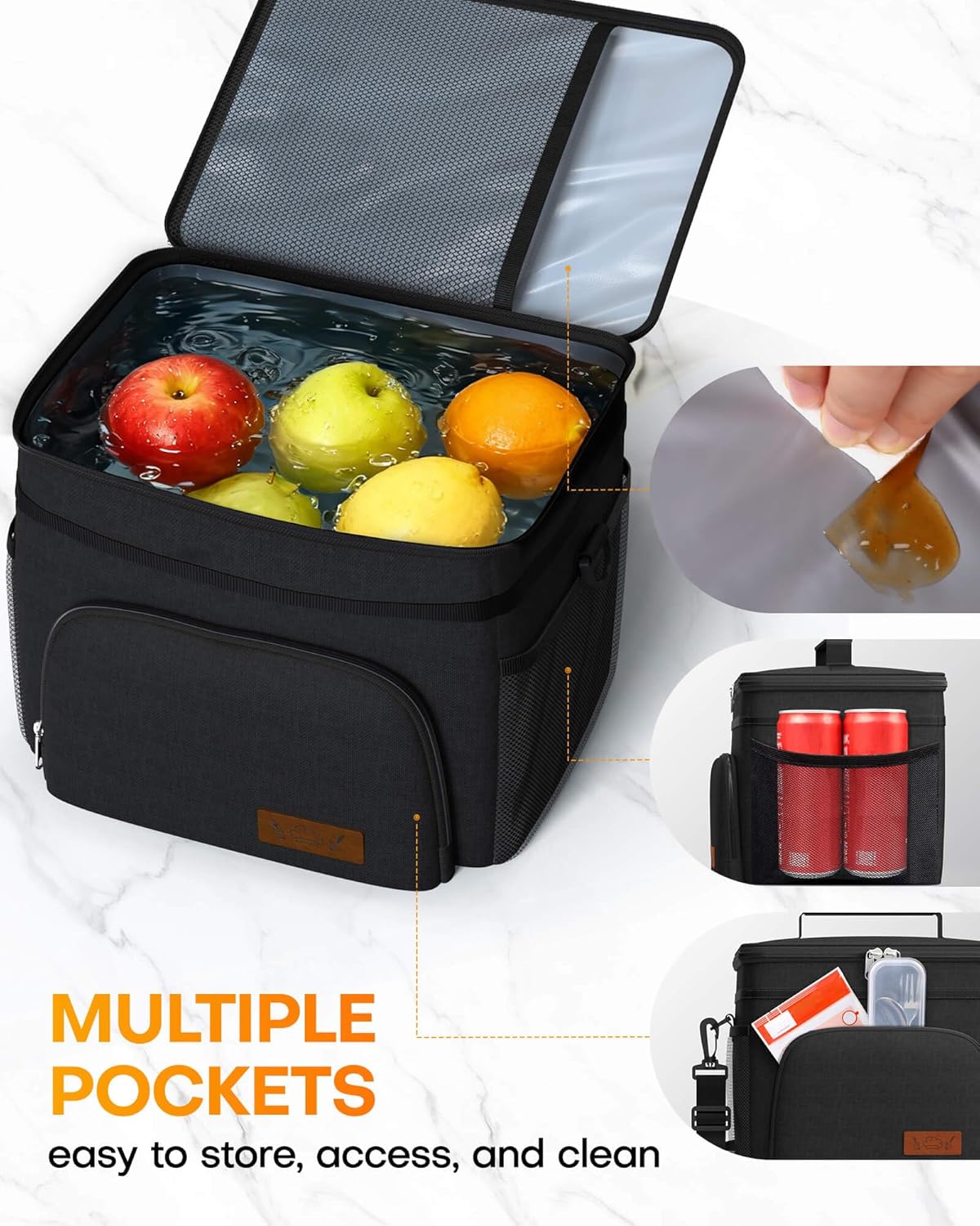 HOTOR Insulated Lunch Box Men Women Leak-Proof Cooler Lunch Bag 9L | 4 Pockets, Adjustable Strap, Ideal for Work, Picnic, Travel, Camping, Gift, Black - Image 6