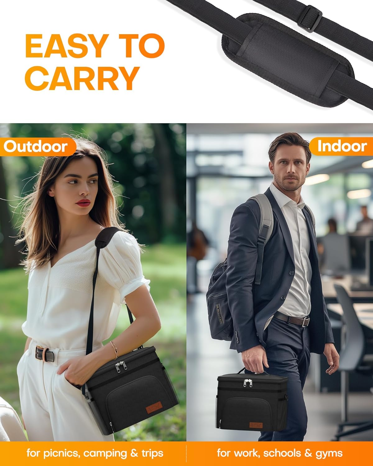 HOTOR Insulated Lunch Box Men Women Leak-Proof Cooler Lunch Bag 9L | 4 Pockets, Adjustable Strap, Ideal for Work, Picnic, Travel, Camping, Gift, Black - Image 7