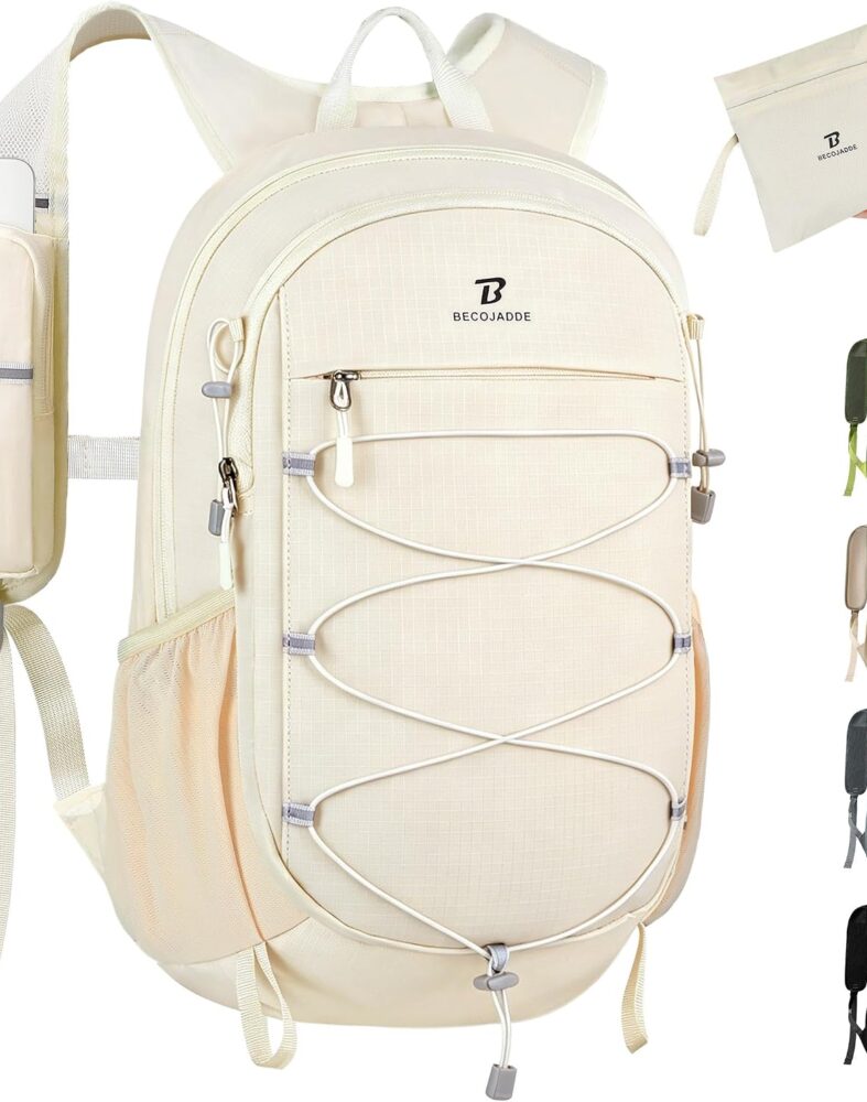 BECOJADDE Hiking Backpack 15L Small Backpack Packable Day pack Water Resistant Lightweight Travel Backpack for Women Men with Shoulder Strap Pockets for Hiking Camping Outdoor, Beige