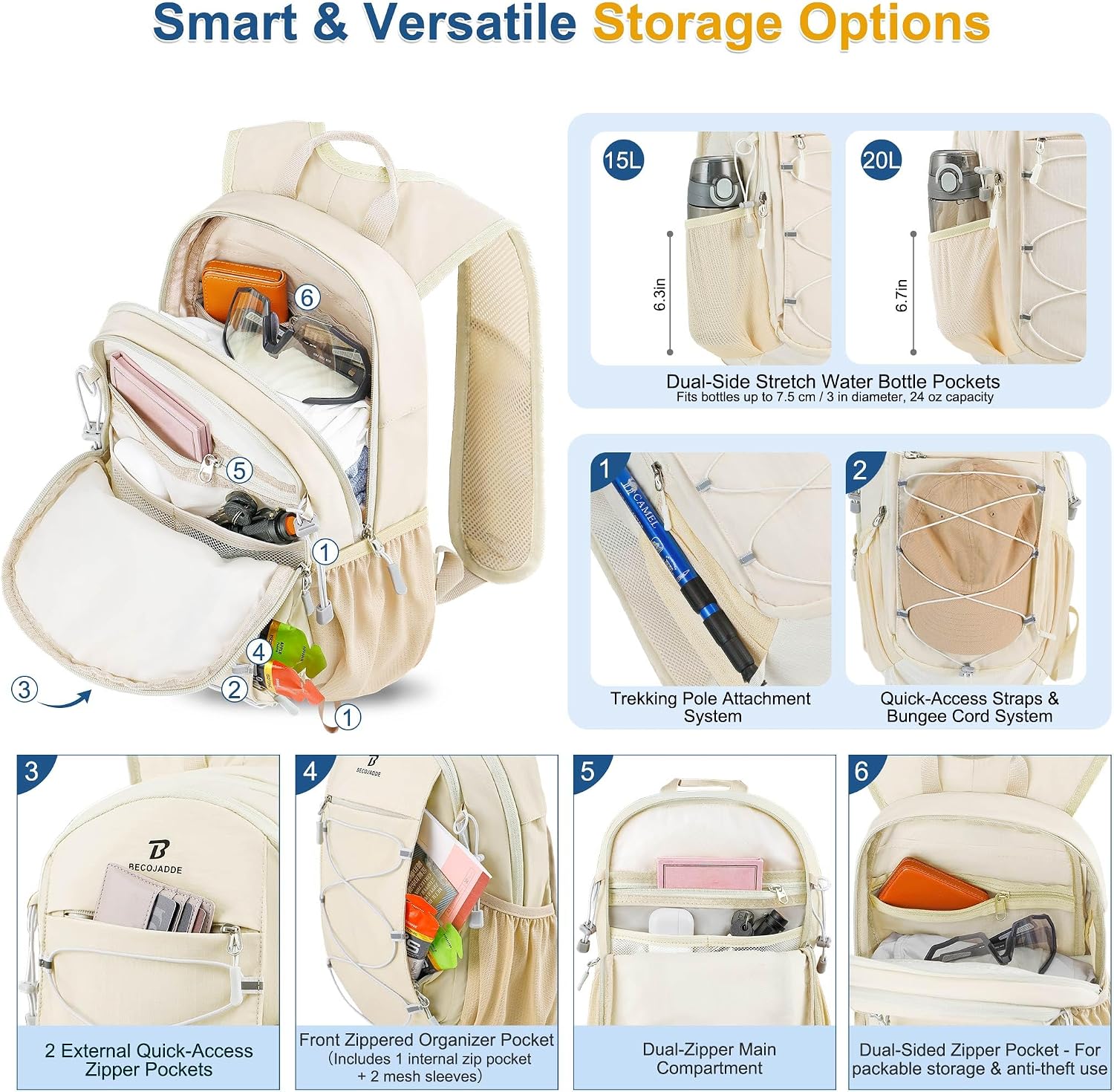 BECOJADDE Hiking Backpack 15L Small Backpack Packable Day pack Water Resistant Lightweight Travel Backpack for Women Men with Shoulder Strap Pockets for Hiking Camping Outdoor, Beige - Image 3