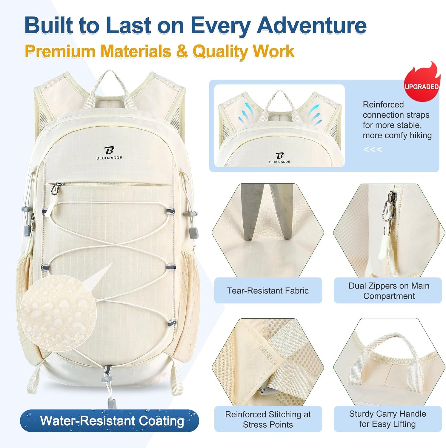 BECOJADDE Hiking Backpack 15L Small Backpack Packable Day pack Water Resistant Lightweight Travel Backpack for Women Men with Shoulder Strap Pockets for Hiking Camping Outdoor, Beige - Image 4