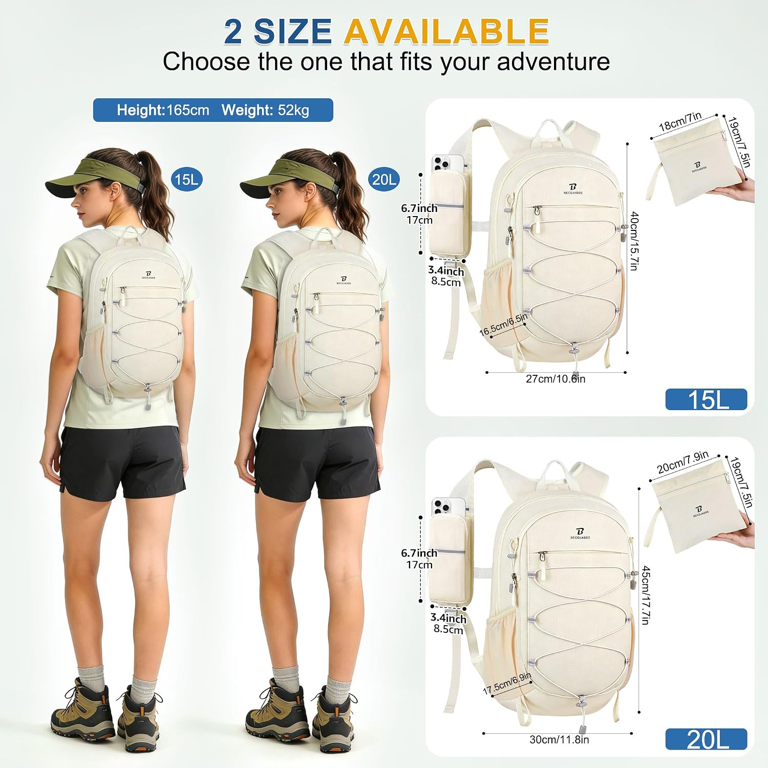BECOJADDE Hiking Backpack 15L Small Backpack Packable Day pack Water Resistant Lightweight Travel Backpack for Women Men with Shoulder Strap Pockets for Hiking Camping Outdoor, Beige - Image 6
